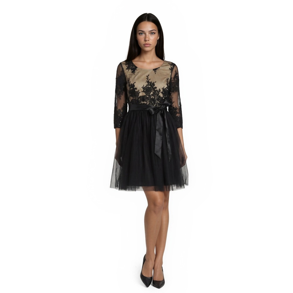 New EY Boutique Cocktail Dress Women's Size 12 Black‎ Gold Lace Sequin Tulle